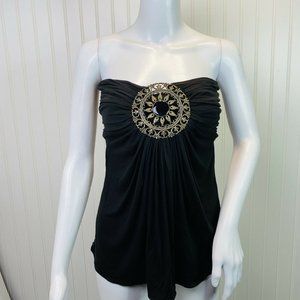 Sky Top Black Strapless Large Gold Medallion